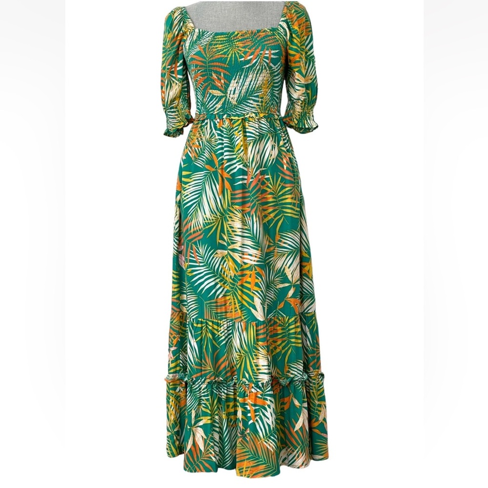 Betsey Johnson Palm Leaf Print Tropical Smocked Tiered Green Maxi Dress Easter